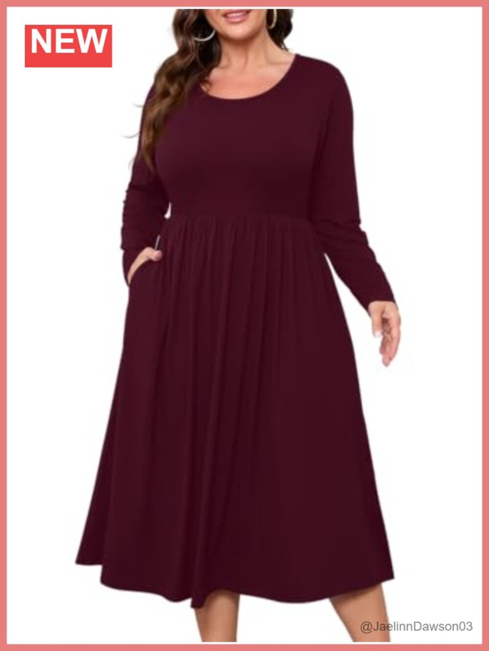Plus Size Long Sleeve Midi Dress A Line Scoop Neck Pockets Fall Casual